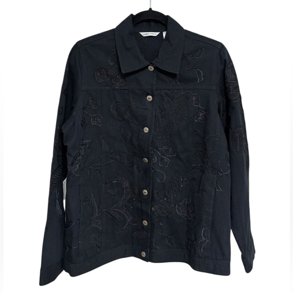 NWT Vintage Laura Ashley Sequin Embroidered Black Denim Jacket - Size S